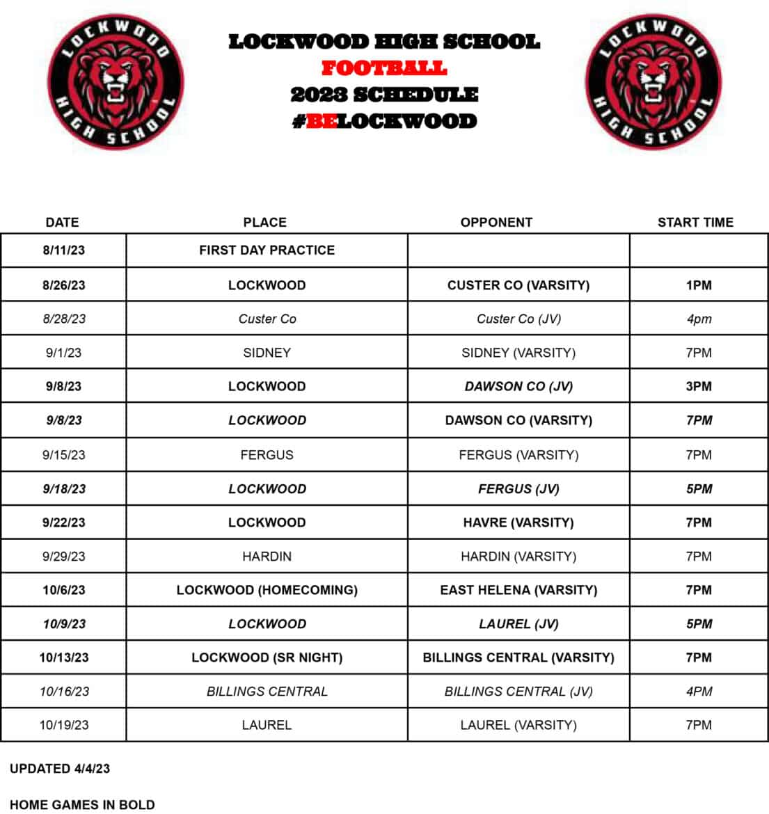 Lockwood Lions 2023 Football Schedule